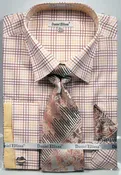 DE Mens French Cuffed Dress Shirts Beige Plaid Style Tie Set DS3781P2