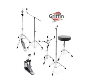 Complete Drum Hardware Pack 6 Piece Set by Griffin | Full Size Percussion Stand Kit with Snare, Hi-Hat, Cymbal Boom, Throne Stool and Single Kick Drum Pedal | Lightweight and Portable|Perfect for Gigs