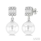 1/10 ctw 6x6MM Pearl, Baguette and Round Cut Diamond Earring in 14K White Gold