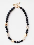 Black, Cream, and Gold Natural Stone 8mm Beaded  16"-18" Necklace