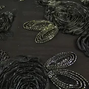 3D Black Rose Pattern with Silver Beading Black Lace Fabric