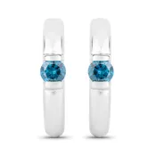 0.35 Cttw Round Teal Blue Diamond Channel Rhodium Plated Silver Huggie Hoop Earrings
