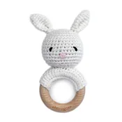Baby Bunny Rattle with Wooden Teething Ring - Snow