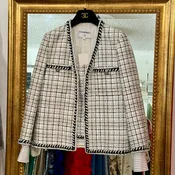 Chanel 24C White Black & Gold Check Tweed Skirt Suit
