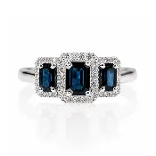 10K White Gold Sapphire Diamond Three-Stone Halo Ring