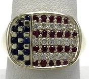10K Yellow Gold Women's American Flag Ring 0.19cts Natural Diamond 0.46cts Natural Blue Sapphires and Rubies