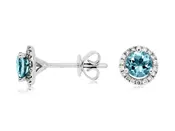 14K White Gold Diamond Halo Aquamarine Stud Earrings