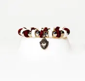 Beaded Bracelet Red and White Leather with Stainless Beads