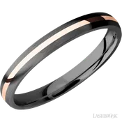 3 mm wide/Domed/Zirconium band with one 1 mm Centered inlay of 14K Rose Gold.