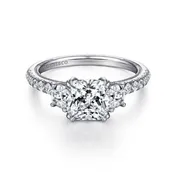 14K White Gold Cushion Cut Three Stone Diamond Engagement Ring