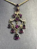 10 Karat Yellow Gold Diamond And Pink Tourmaline Dangling Pendant Necklace