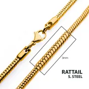 3mm 18Kt Gold IP Rattail Chain Necklace 26"