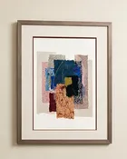 ABSTRACT COLLAGE ARTWORK FEATURING PAPER TEXTURES, NEUTRAL TONES, METALLIC FRAME