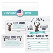 40 Baby Shower Invitations for Boy – Includes Diaper Raffle, Book Request Cards & Envelopes – Complete Set