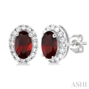 10K White Gold Oval Diamond Halo With Oval Garnet Center Stud Earrings