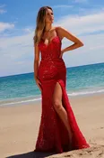 C1616 - Beaded Tulle Lace-Up Dress with Slit