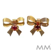 10K Yellow Gold Bow Shape Stud Earrings w/ Red Stones 2.0 Grams