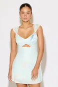 ABSTRACT FLORAL PRINT LACE TRIM KEYHOLE MINI DRESS