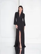 1812E6274 Long sleeve low v neck beaded collared high slit long dress