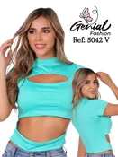 Aqua Cutout Crop Top 5042 – Mock Neck Colombian Blouse