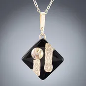 Art Deco Black & Woven Gold Pendant Necklace in 14K Yellow & Rose Gold Fill - Large