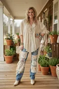 A Rare Bird Eyelet Linen Cream Ruffle Womens Top