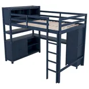 Donkerblauw Grenenhouten Hoogslaper met Kast, Boekenplank, Kledingkast, Bureau