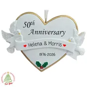 50th Anniversary Doves and Heart Personalized Keepsake Ornament GOLD