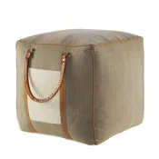 20 Gray Ivory Faux Leather Handmade Square Pouf Ottoman With Handles