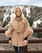 Belted cashmere cape with fox trim