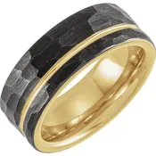 Black & 18K Yellow Gold Plated Tungsten Flat Edge Grooved & Hammered 8mm Band