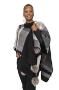 Black and Gray Multishades Plaid Polyester Fleece Cape/Wrap With Natural Indigo Fox Fur Poms