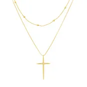 14K Yellow Gold Bead & Diamond Cross Duo Necklace