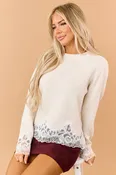 Almond Soft Knit Wool Blend Lace Trim Sweater
