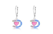 Blue Horse Shoe Heart Multi-color Crystal White Gold Palladium Plating Girl's Leverback Earrings
