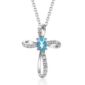 10K White Gold Blue Topaz Cross Pendant With Diamond Accents