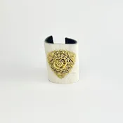 Antique Carved Bone Rose on Brazilian White Cowhide Cuff, Flower & CZ Concho Closure