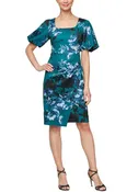 Alex Evenings Short Printed Sheath Dress With Square Neckline & Puff Sleeve Detail