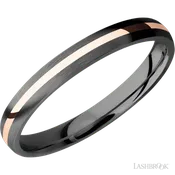 3 mm wide/Domed/Zirconium band with one 1 mm Centered inlay of 14K Rose Gold.