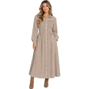 Brown Striped Shirred Collared Long Sleeve Shirt Dress