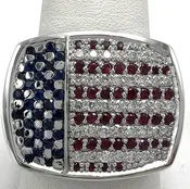10K White Gold Men's American Flag Ring 0.58cts Natural Diamonds 0.88cts Natural Blue Sapphires and Rubies 16g