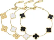 3Pcs Lucky Clover Bracelet Jewelry Set for Women Girls 18K Gold Plated Titanium Steel Simple Cute Bracelet link Gifts (Black+White+Gold)