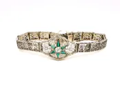 Art Deco 14k White Gold & Platinum Diamond & Green Glass Star Bracelet