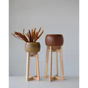 10.5" Round x 26.75"H Stoneware Planter with wood stand