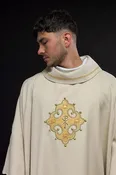 Chasuble with embroidered cross and gold trim on the ecru collar