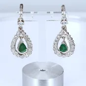 14k White Gold Emerald &amp; Diamond Pear-Shaped Drop Earrings