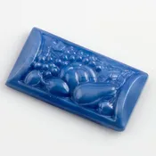 1920s Bohemian blue satin pressed glass cabochon with fruit basket design.  44x58mm. Pkg of 1. b5-629
