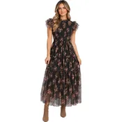 Black Smocked Ruffle Tier Floral Midi Dress