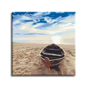 Boat on Beach - Paint by Number Kit DIY Oil Painting Kit on Wood Stretched Canvas 14"x14"