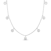 16-18" 18K WHITE GOLD 7 STATION DANGLE BEZEL SET DIAMOND NECKLACE WITH 7 ROUND DIAMONDS TOTALING 0.33CTS